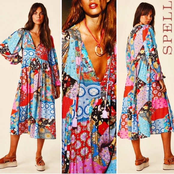 NWT SPELL Cha Cha Boho Patchwork Print Peasant Midi Dress in Multi Sz Small - Picture 2 of 16